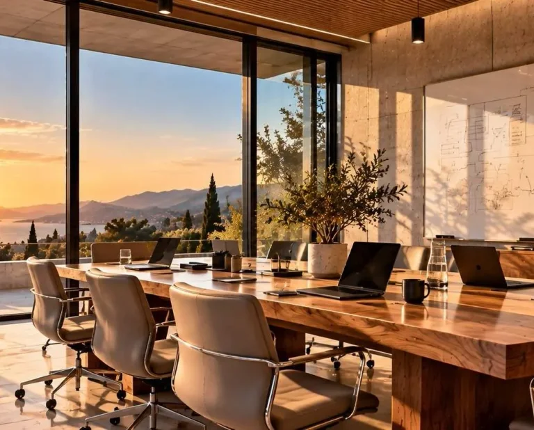 Coastal executive boardroom with whiteboard and sea view