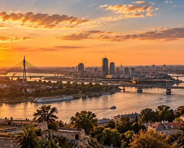 Belgrade skyline from Kalemegdan with the Danube at sunset