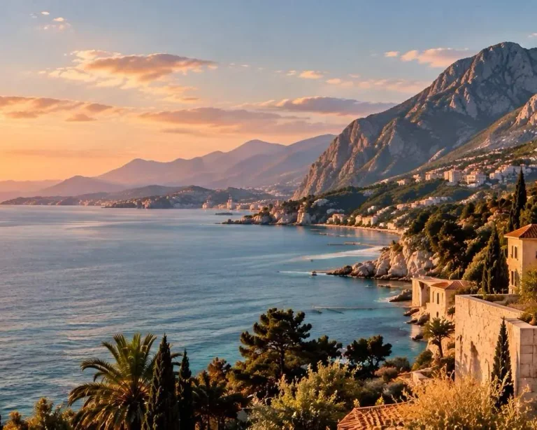 Mediterranean villa on the coastline at golden hour