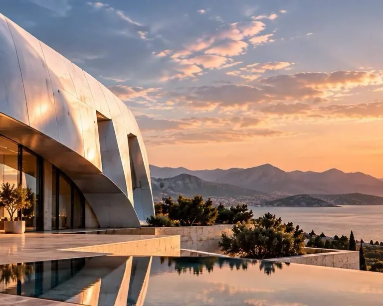 Curved white building with infinity pool at sunset
