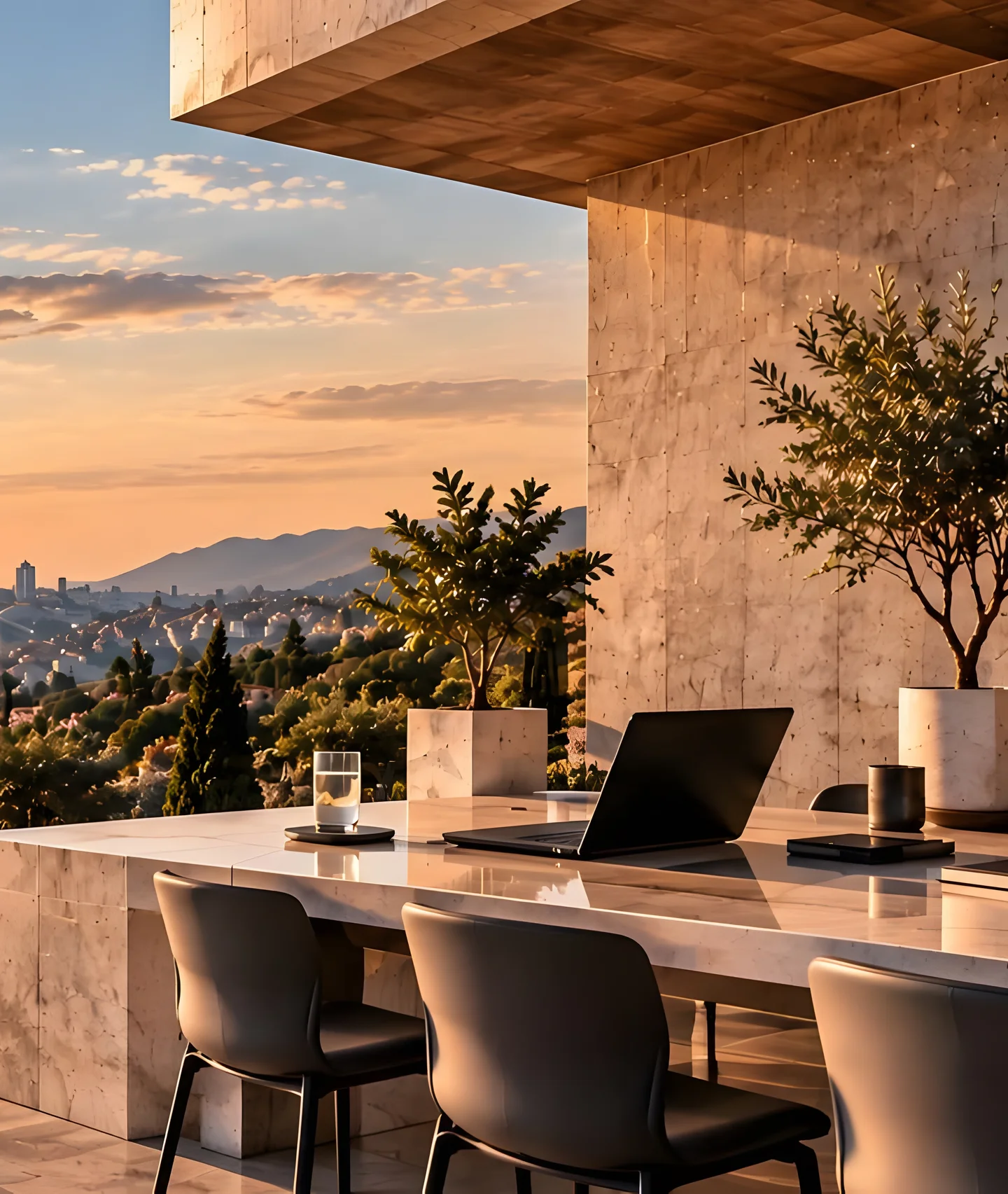 Stone terrace with laptop overlooking the coast at sunset